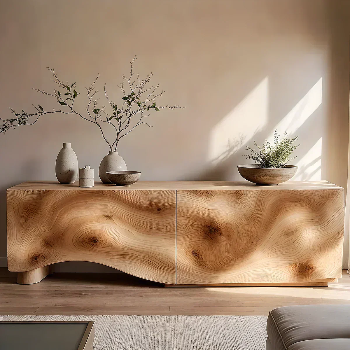 Light Burl Wave Solid Wood TV Console – Minimal Organic Design - Rustirawood