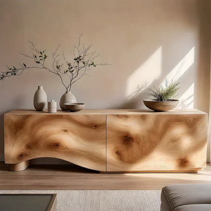 Light Burl Wave Solid Wood TV Console – Minimal Organic Design - Rustirawood