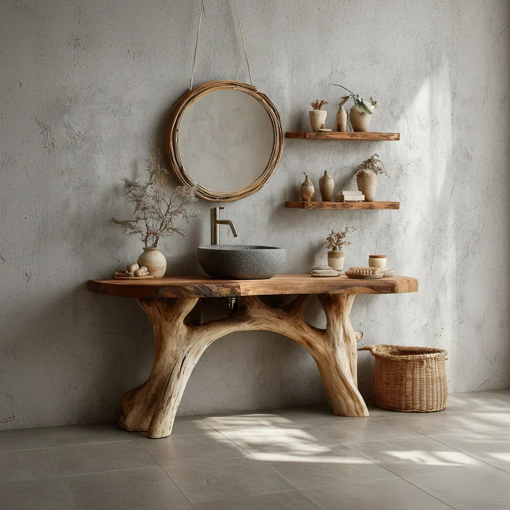 Live-Edge Natural Solid Wood Bathroom Vanity – Handcrafted Base - Rustirawood