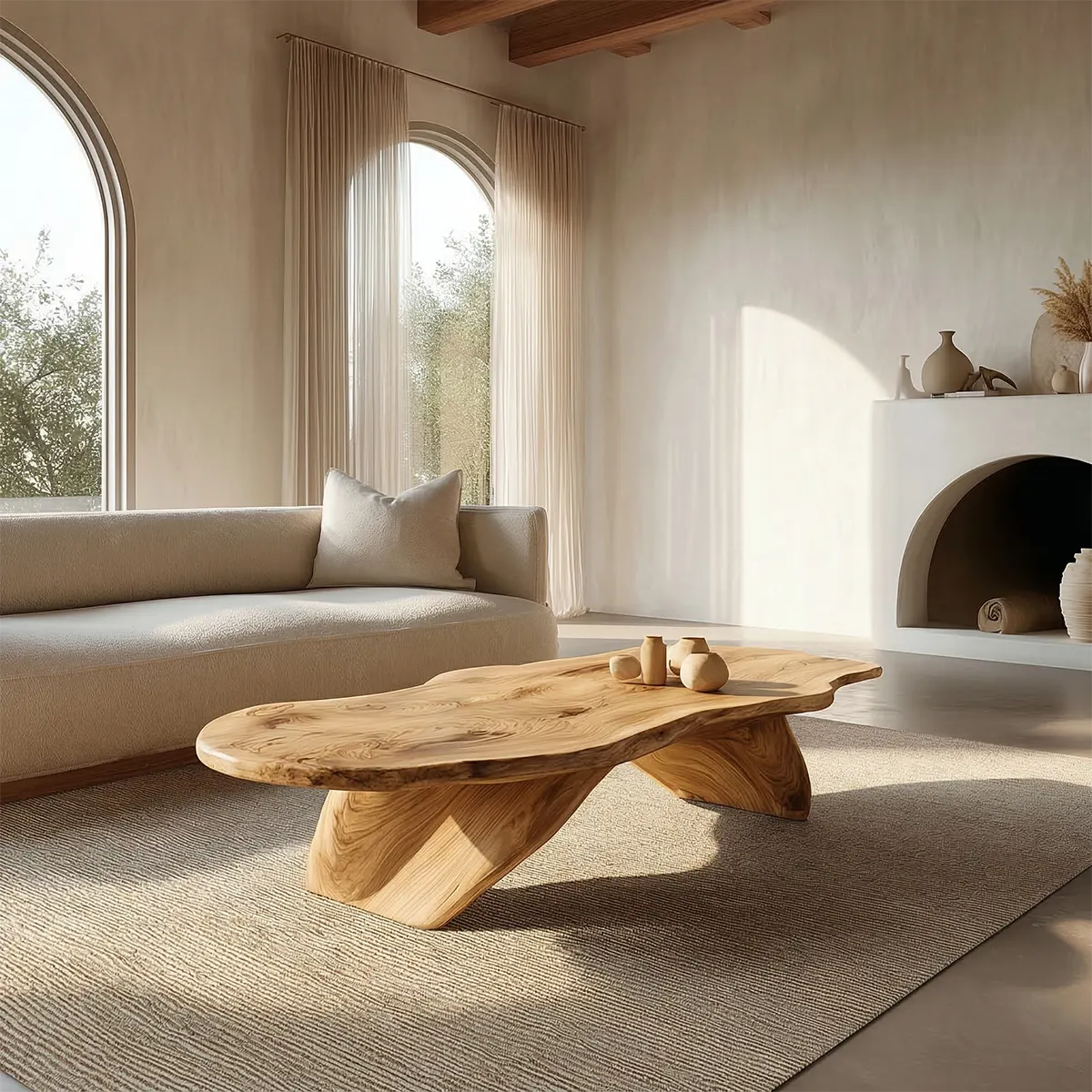 Live Edge Natural Solid Wood Coffee Table with Organic Sculptural Base - Rustirawood