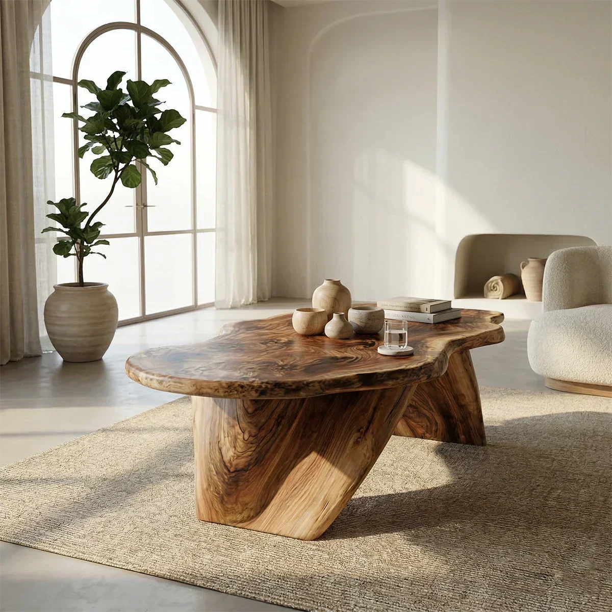 Live Edge Natural Solid Wood Coffee Table with Organic Sculptural Base - Rustirawood