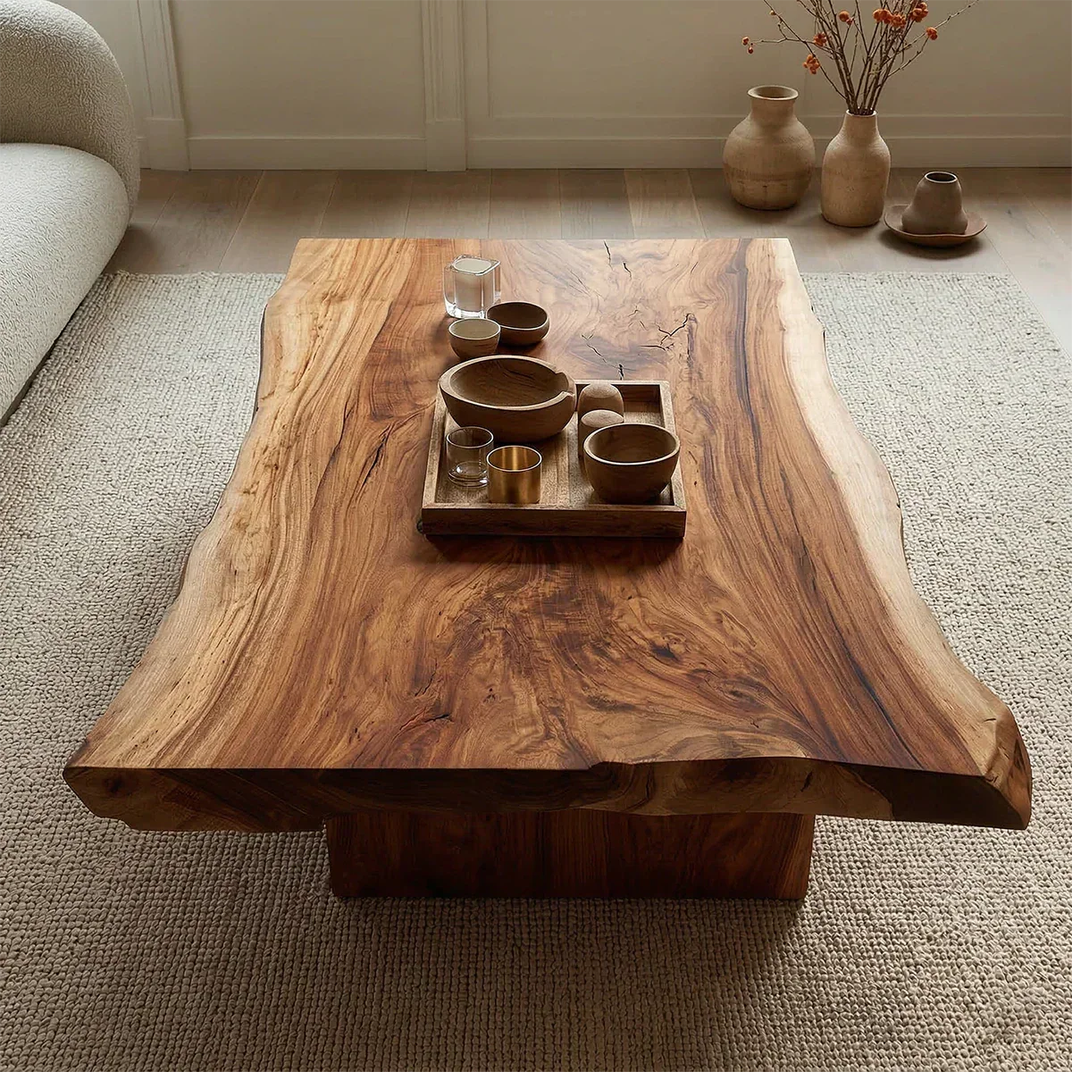 Live Edge Natural Solid Wood Coffee Table with Sculptural Block Base - Rustirawood