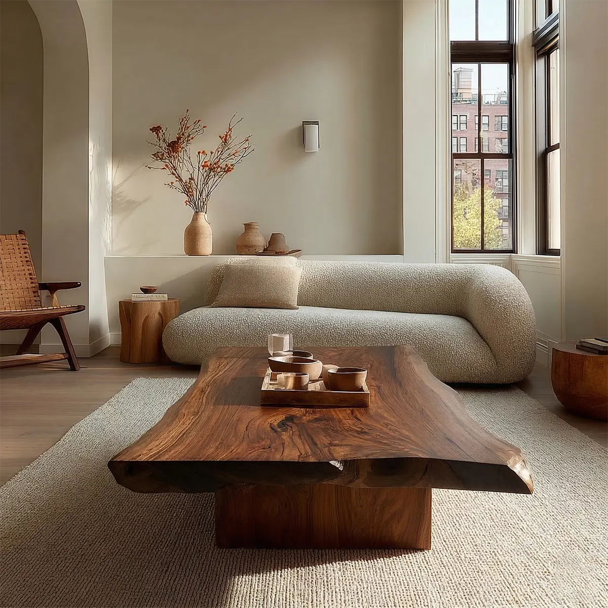Live Edge Natural Solid Wood Coffee Table with Sculptural Block Base - Rustirawood