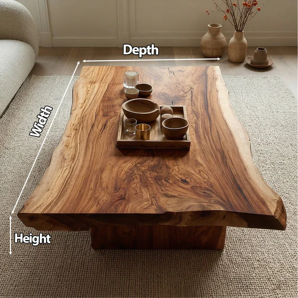 Live Edge Natural Solid Wood Coffee Table with Sculptural Block Base - Rustirawood