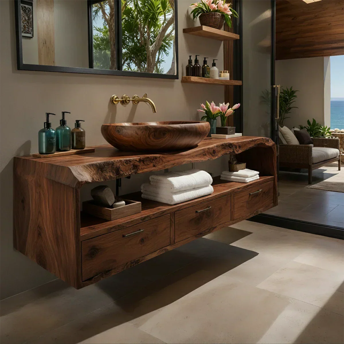 Live Edge Natural Solid Wood Floating Bathroom Vanity - Rustirawood
