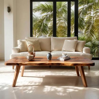 Live Edge Slab Coffee Table with Angled Legs in Natural Solid Wood - Rustirawood
