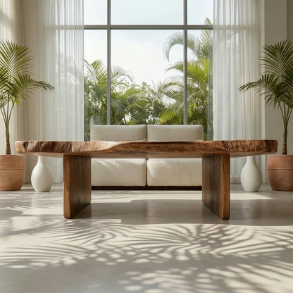 Live Edge Slab Coffee Table with Double Block Base in Natural Solid Wood - Rustirawood
