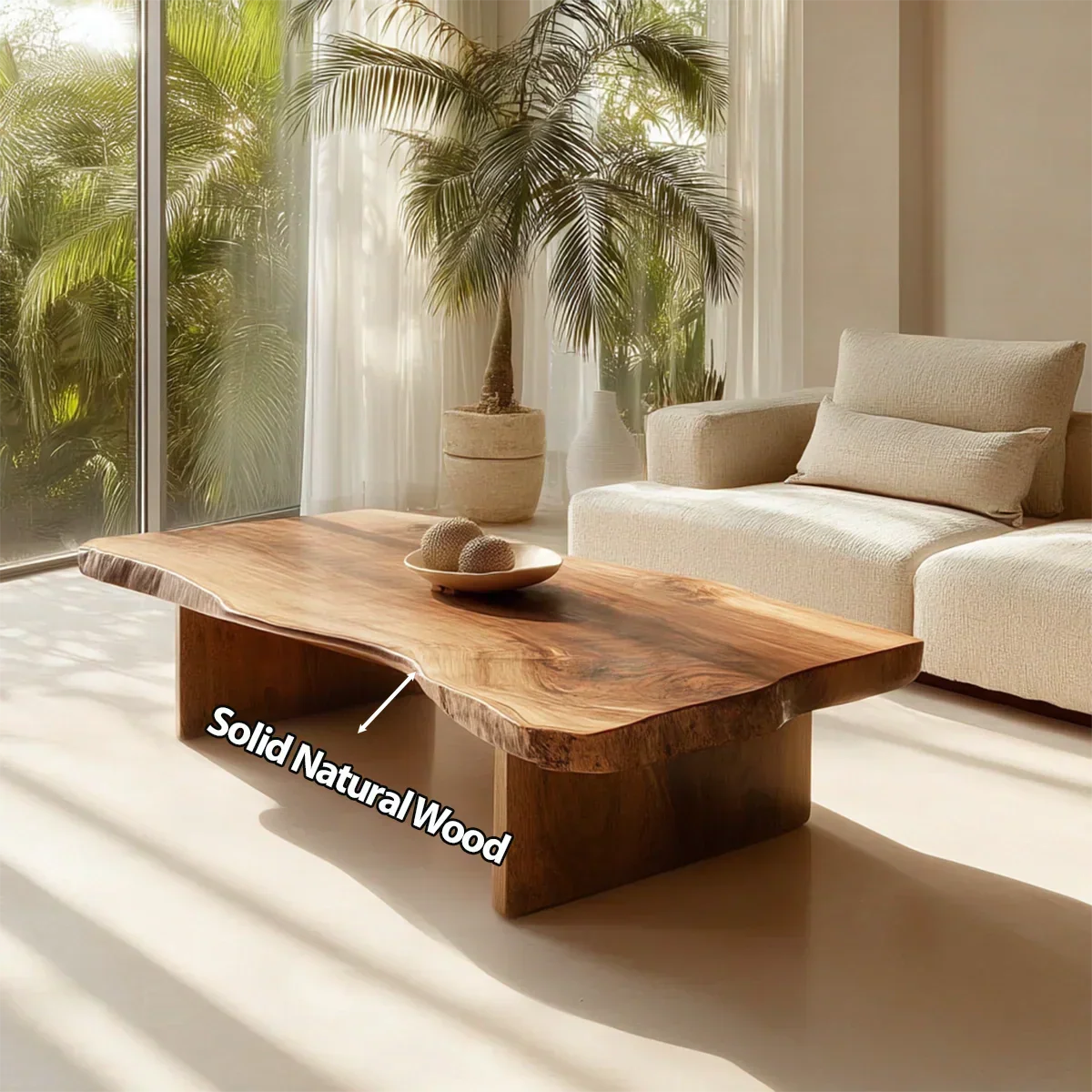 Live Edge Slab Coffee Table with Double Block Base in Natural Solid Wood - Rustirawood