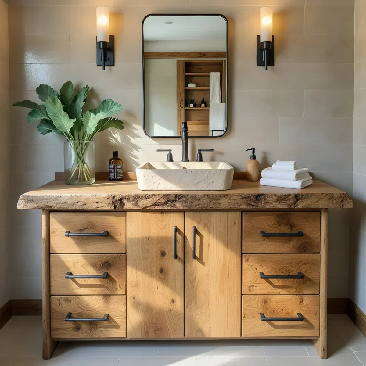 Live Edge Solid Wood Bathroom Vanity – Rustic Wabi-Sabi Cabinet - Rustirawood