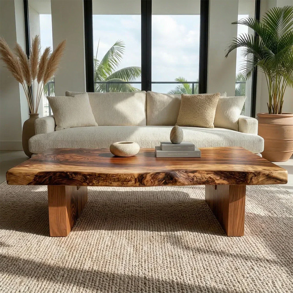 Live Edge Solid Wood Coffee Table with Thick Slab Top and Block Base - Rustirawood