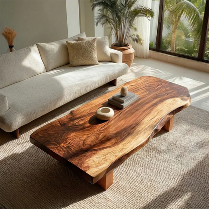 Live Edge Solid Wood Coffee Table with Thick Slab Top and Block Base - Rustirawood