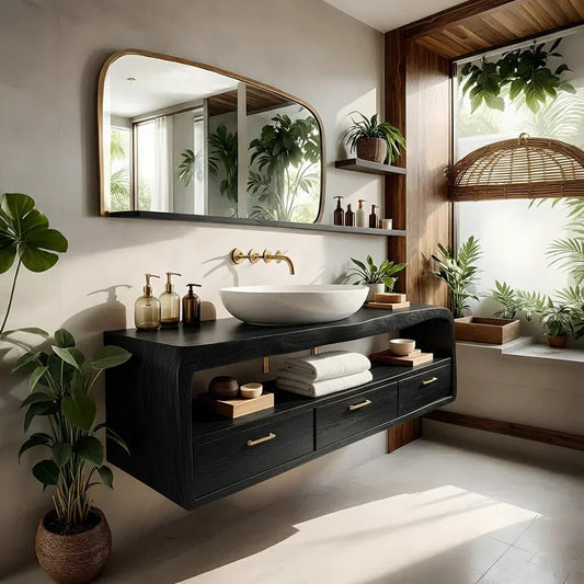 Live-Edge Walnut Finish Floating Bathroom Vanity - Solid Wood Bathroom Cabinet - Rustirawood