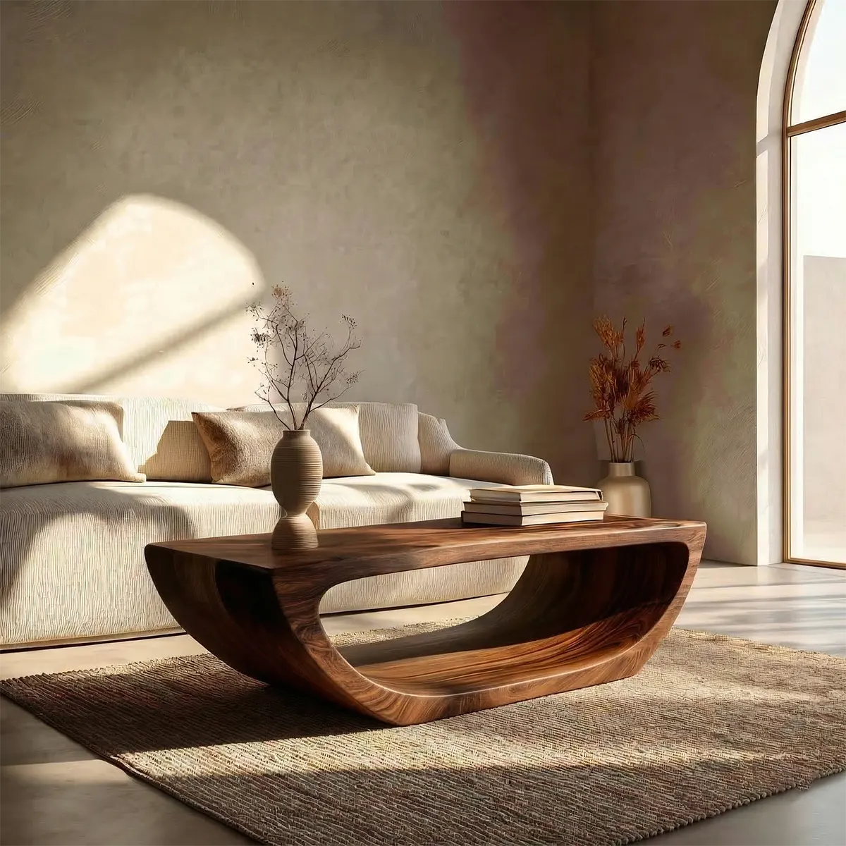 Long Sculptural Hollow Coffee Table in Organic Modern Natural Solid Wood - Rustirawood