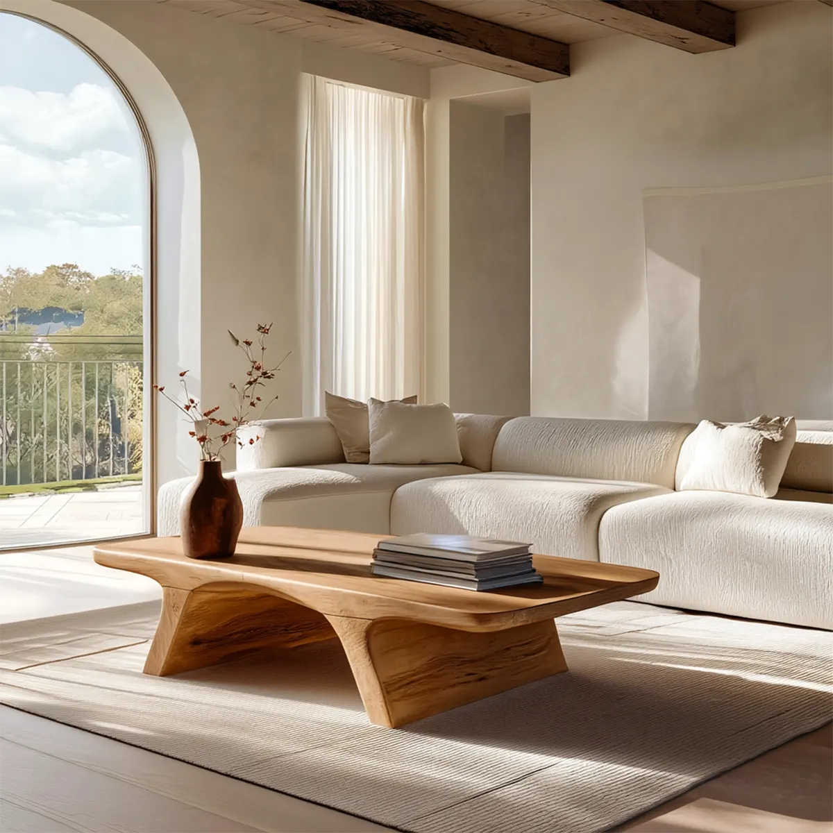 Low Profile Natural Solid Wood Coffee Table with Sculptural Base - Rustirawood