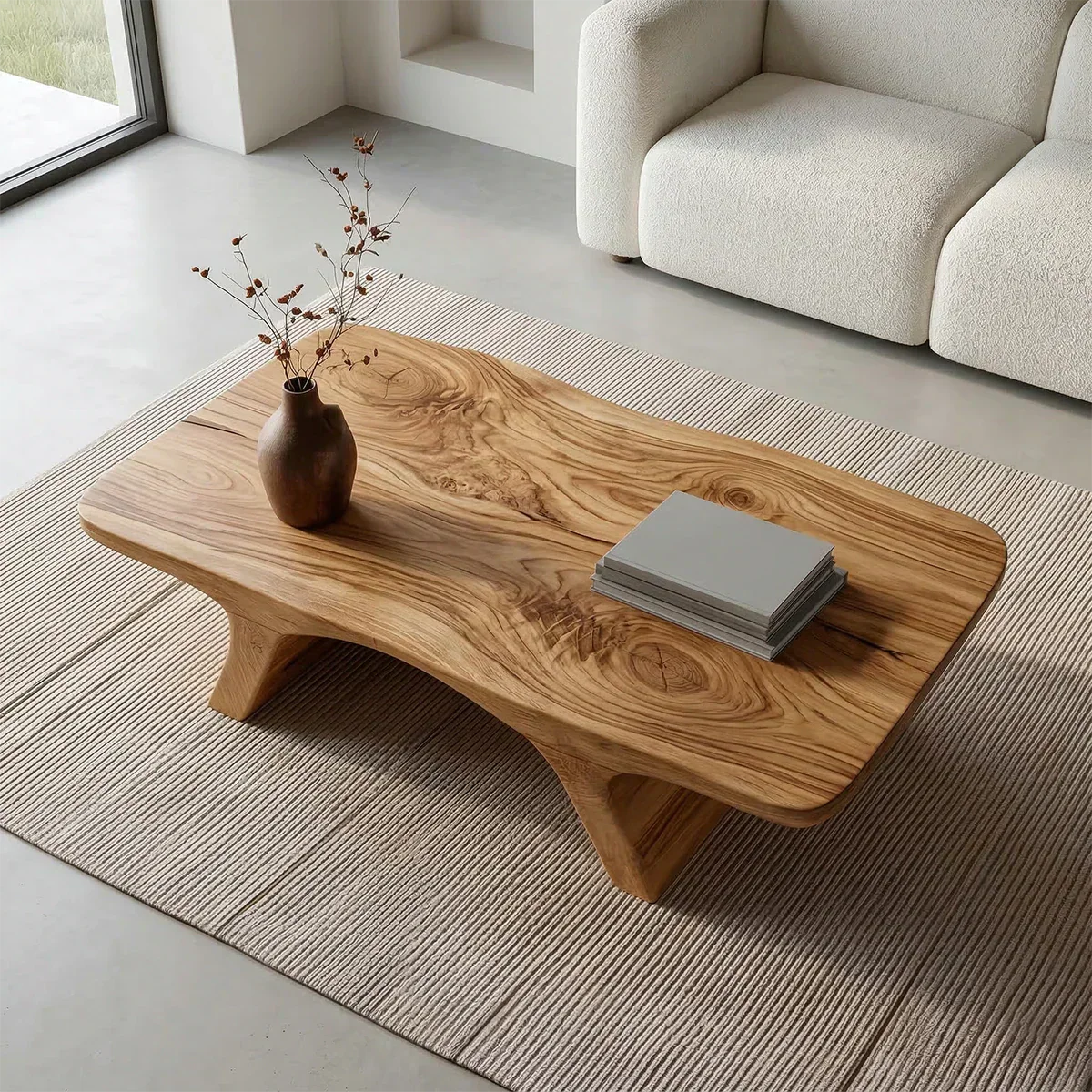 Low Profile Natural Solid Wood Coffee Table with Sculptural Base - Rustirawood