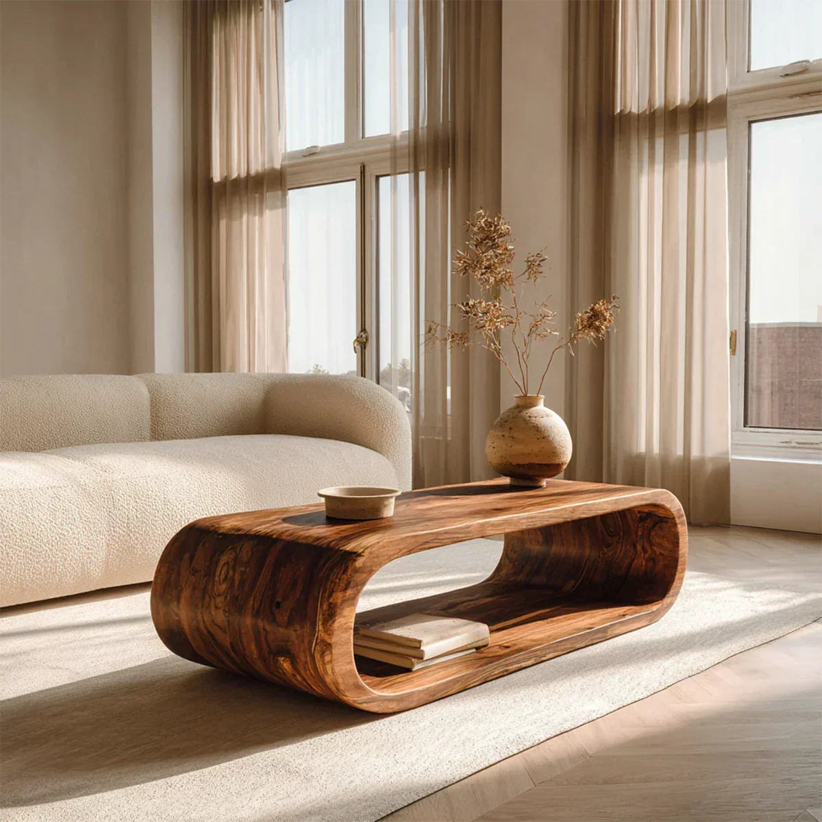 Minimalist Loop Form Natural Solid Wood Coffee Table with Open Base - Rustirawood