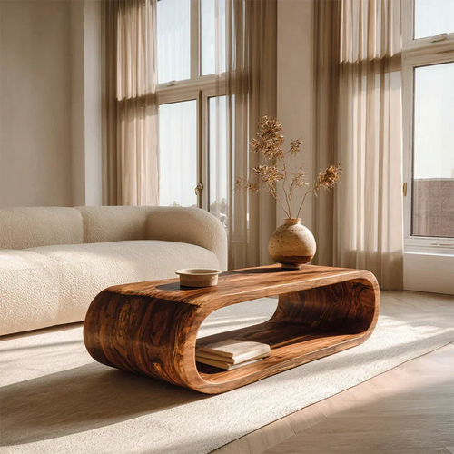 Minimalist Loop Form Natural Solid Wood Coffee Table with Open Base - Rustirawood