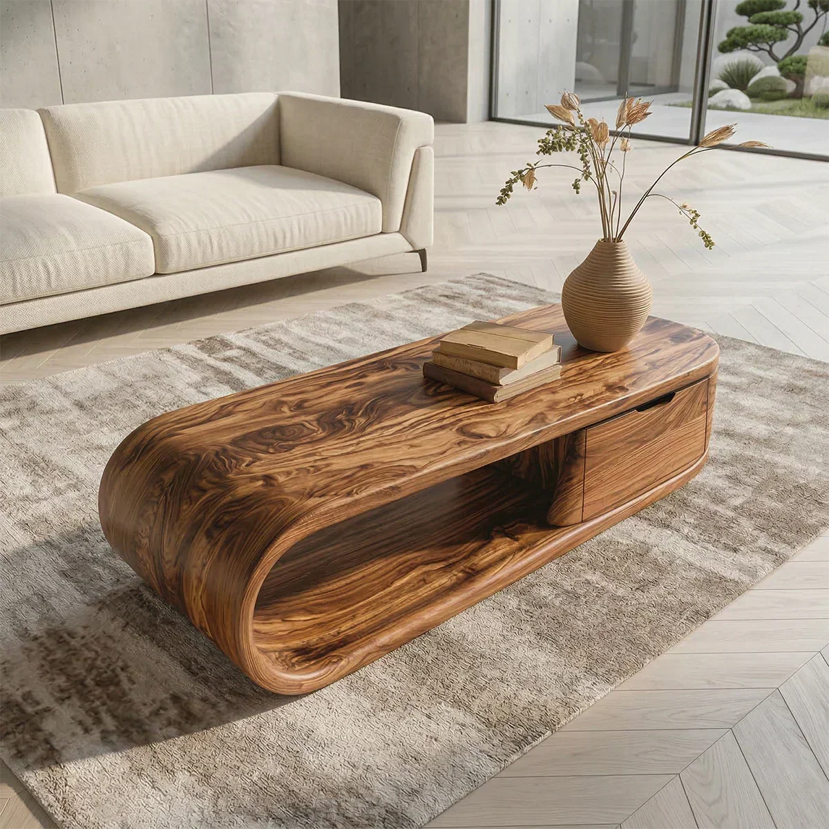 Modern Curved Natural Solid Wood Coffee Table with Drawer Storage - Rustirawood