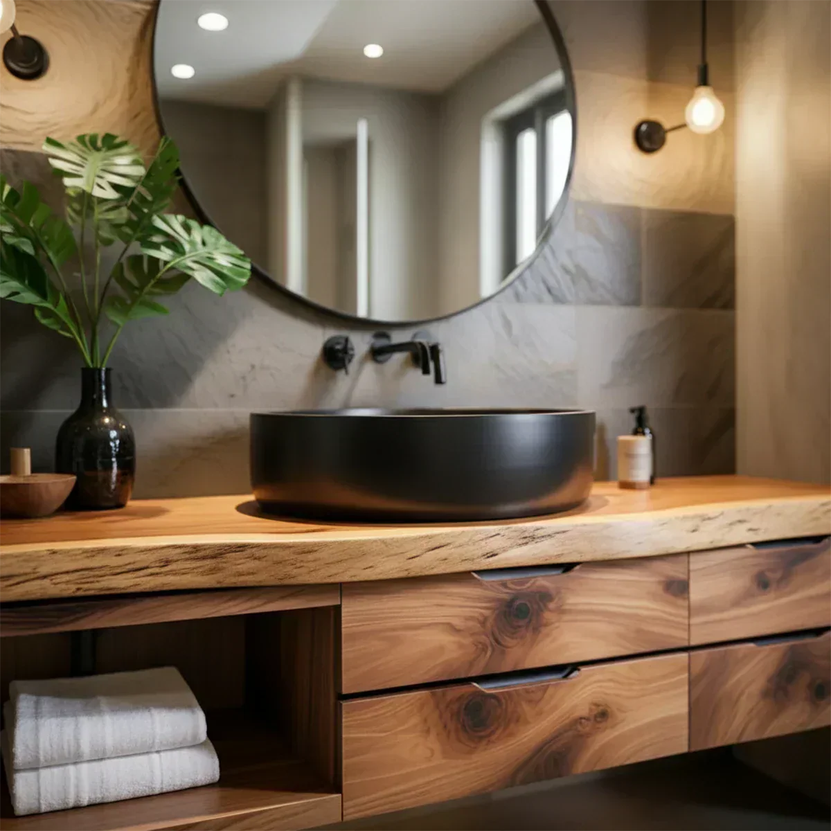 Modern Floating Natural Solid Wood Bathroom Vanity - Rustirawood