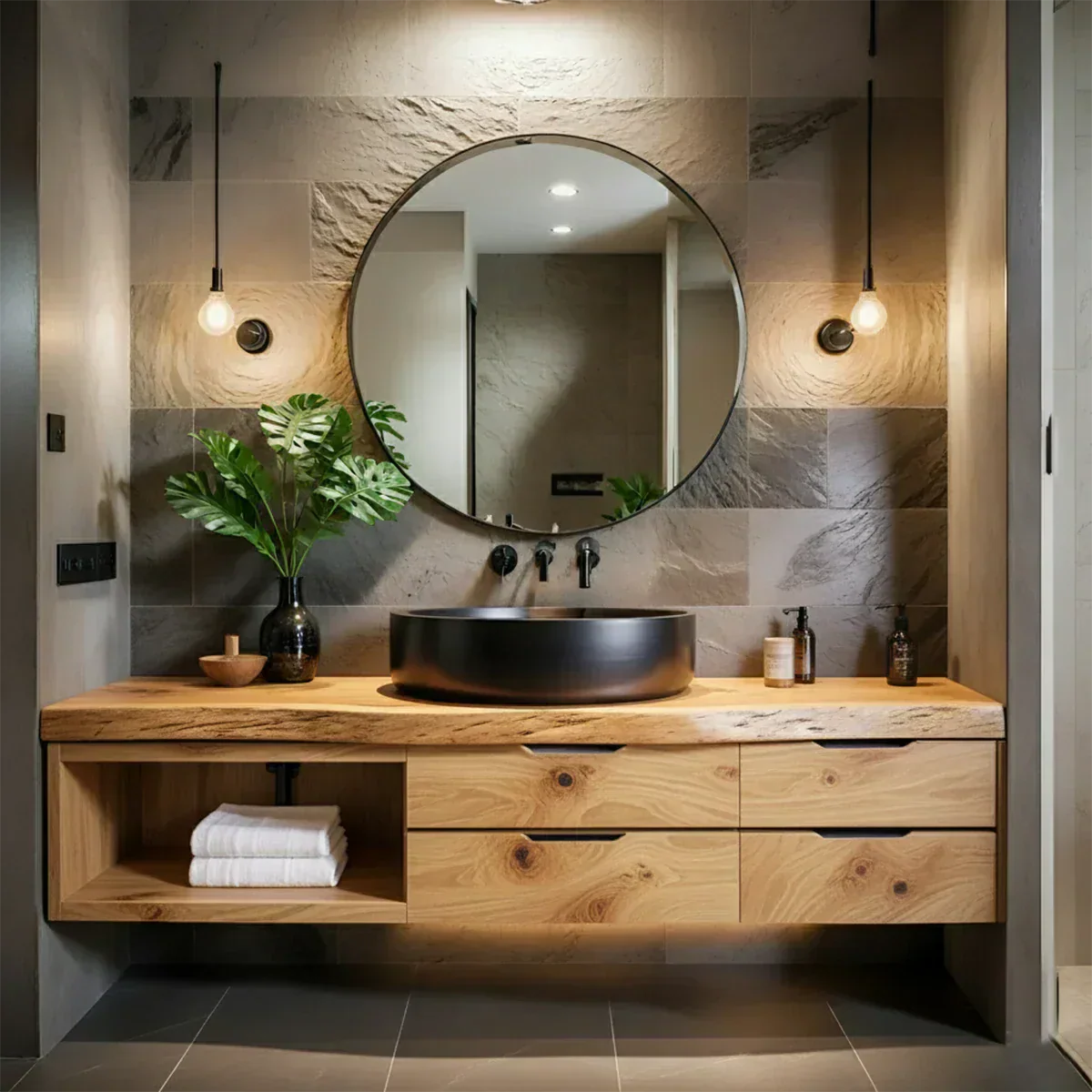 Modern Floating Natural Solid Wood Bathroom Vanity - Rustirawood