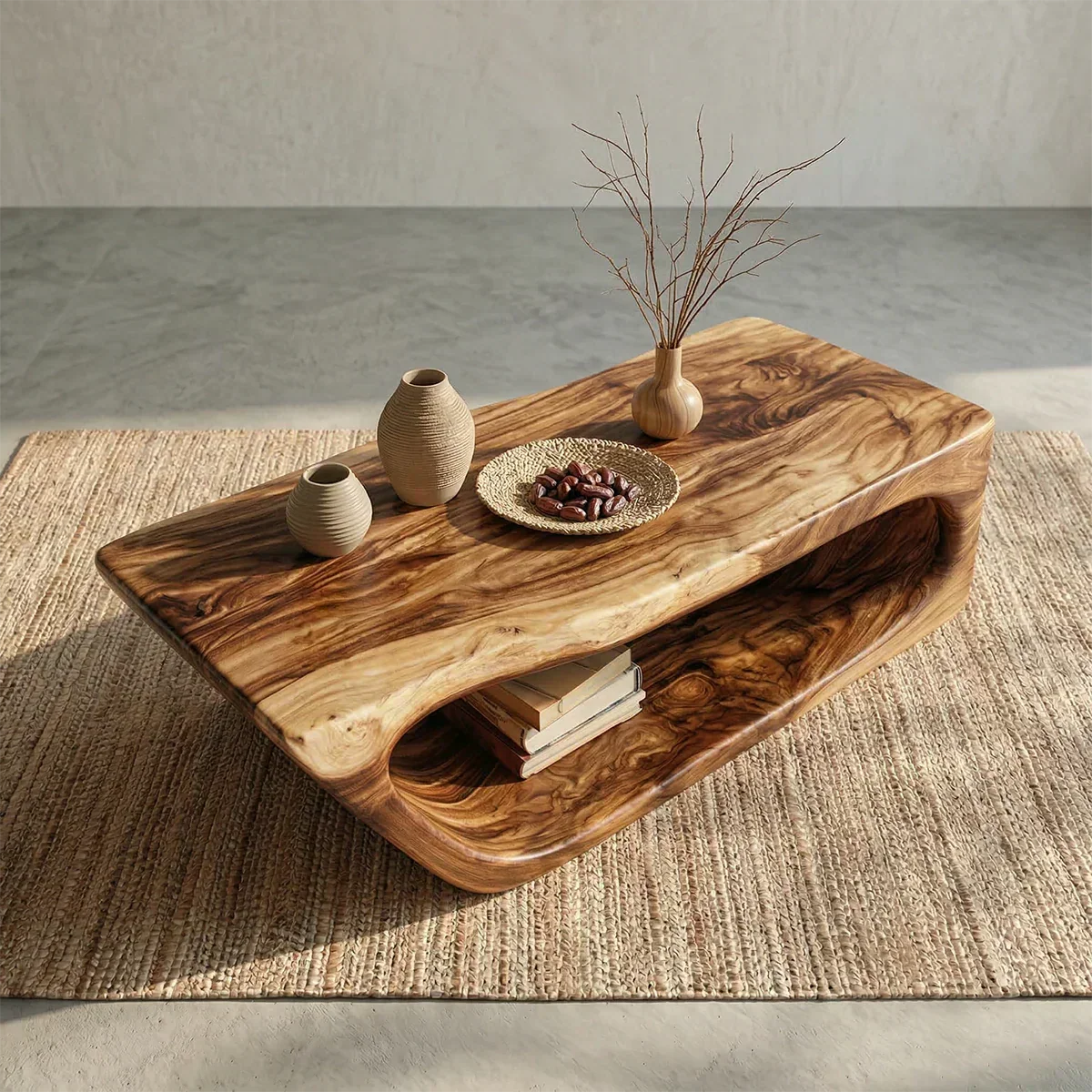 Modern Hollow Form Natural Solid Wood Coffee Table with Open Shelf - Rustirawood