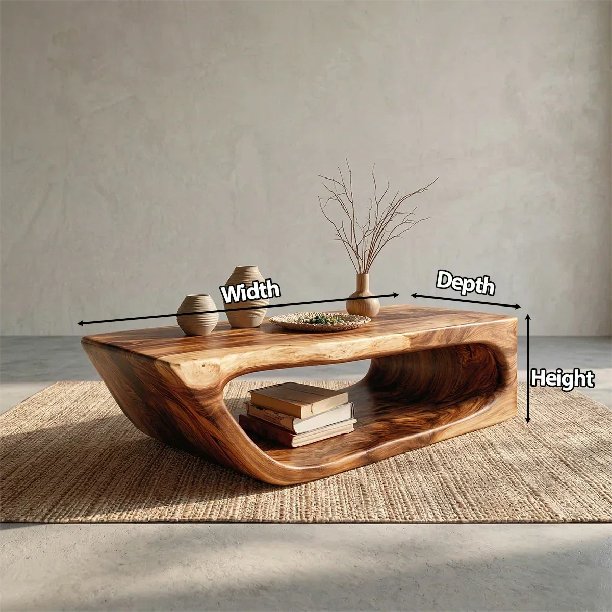 Modern Hollow Form Natural Solid Wood Coffee Table with Open Shelf - Rustirawood