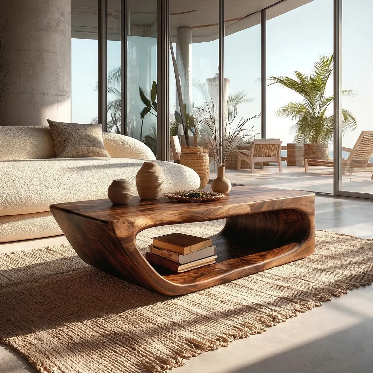 Modern Hollow Form Natural Solid Wood Coffee Table with Open Shelf - Rustirawood