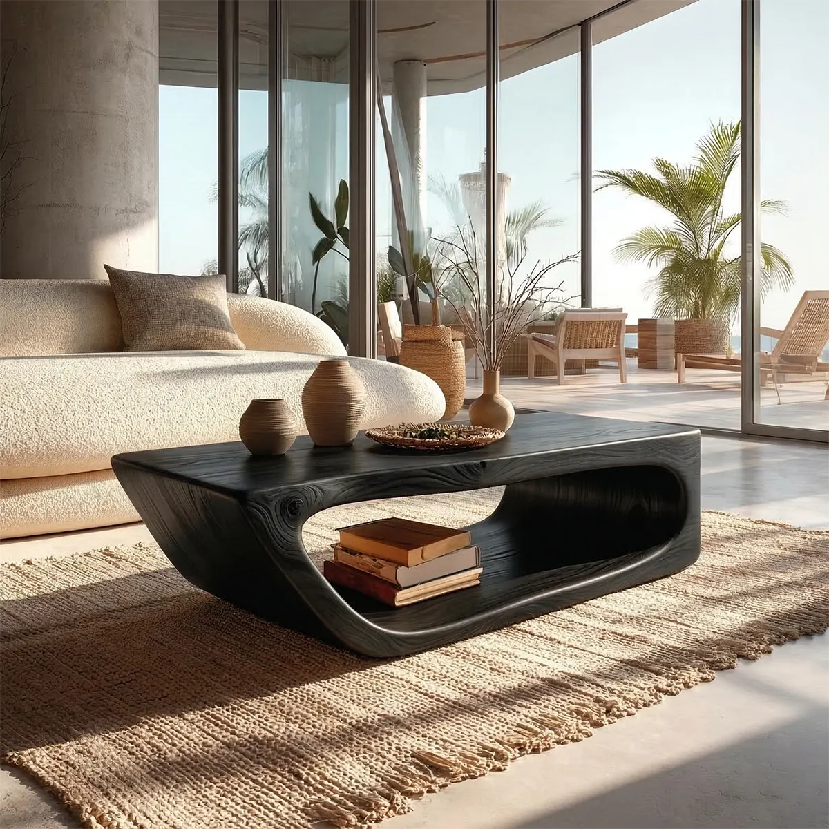 Modern Hollow Form Natural Solid Wood Coffee Table with Open Shelf - Rustirawood