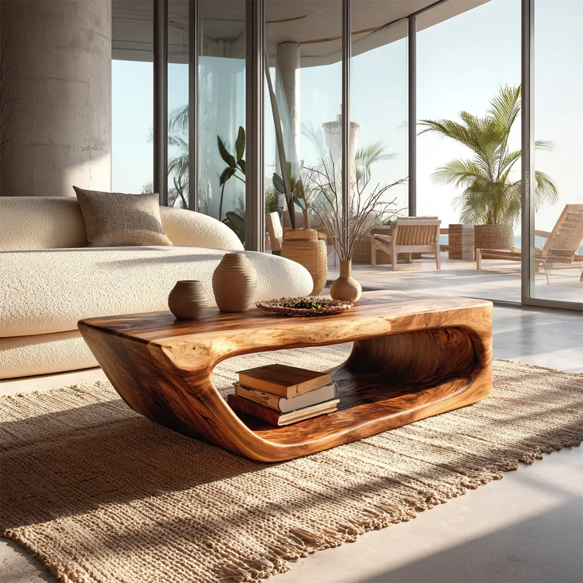Modern Hollow Form Natural Solid Wood Coffee Table with Open Shelf - Rustirawood