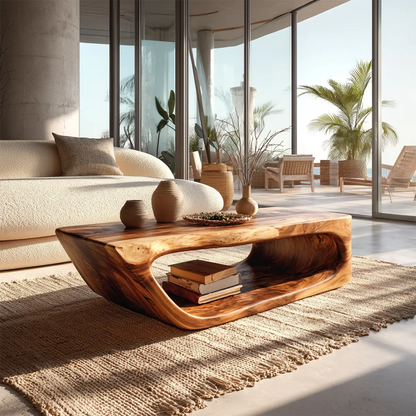 Modern Hollow Form Natural Solid Wood Coffee Table with Open Shelf - Rustirawood