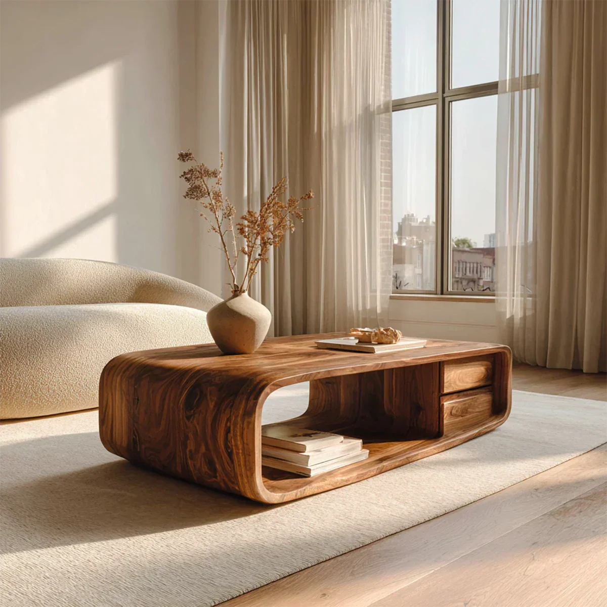 Modern Natural Solid Wood Coffee Table with Drawer and Open Shelf - Rustirawood