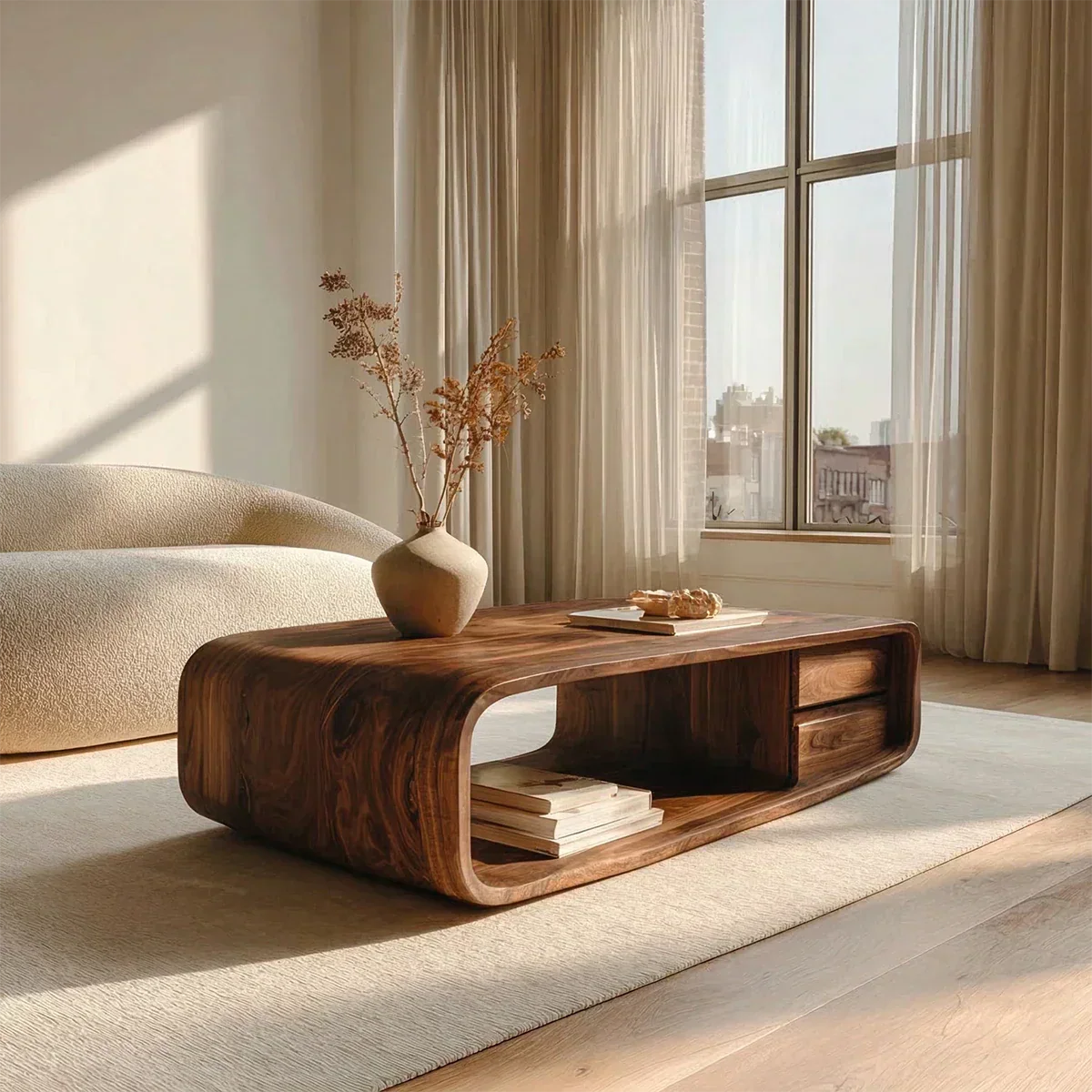 Modern Natural Solid Wood Coffee Table with Drawer and Open Shelf - Rustirawood