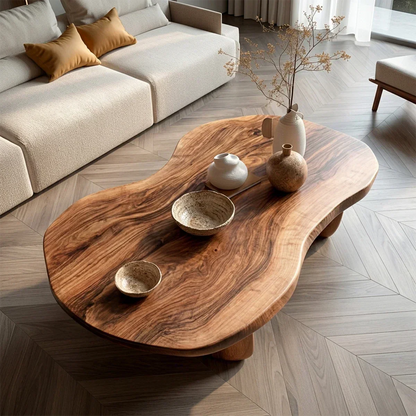 Modern Organic Natural Solid Wood Coffee Table with Rounded Base - Rustirawood