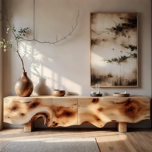 Natural Burl Flow Solid Wood TV Console – Wabi Sabi Organic Design - Rustirawood