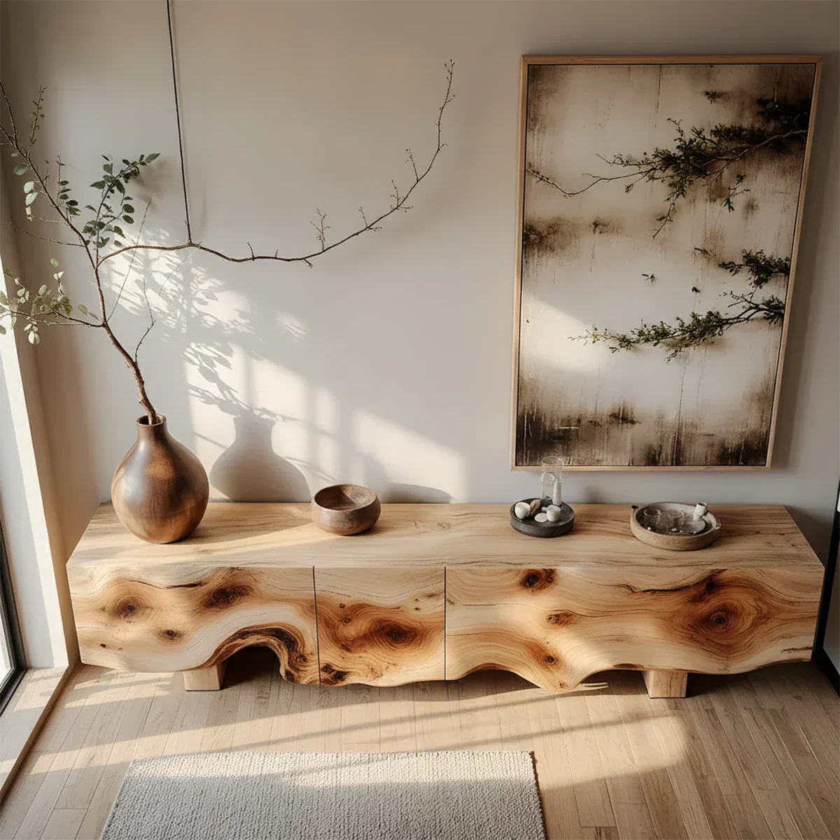 Natural Burl Flow Solid Wood TV Console – Wabi Sabi Organic Design - Rustirawood