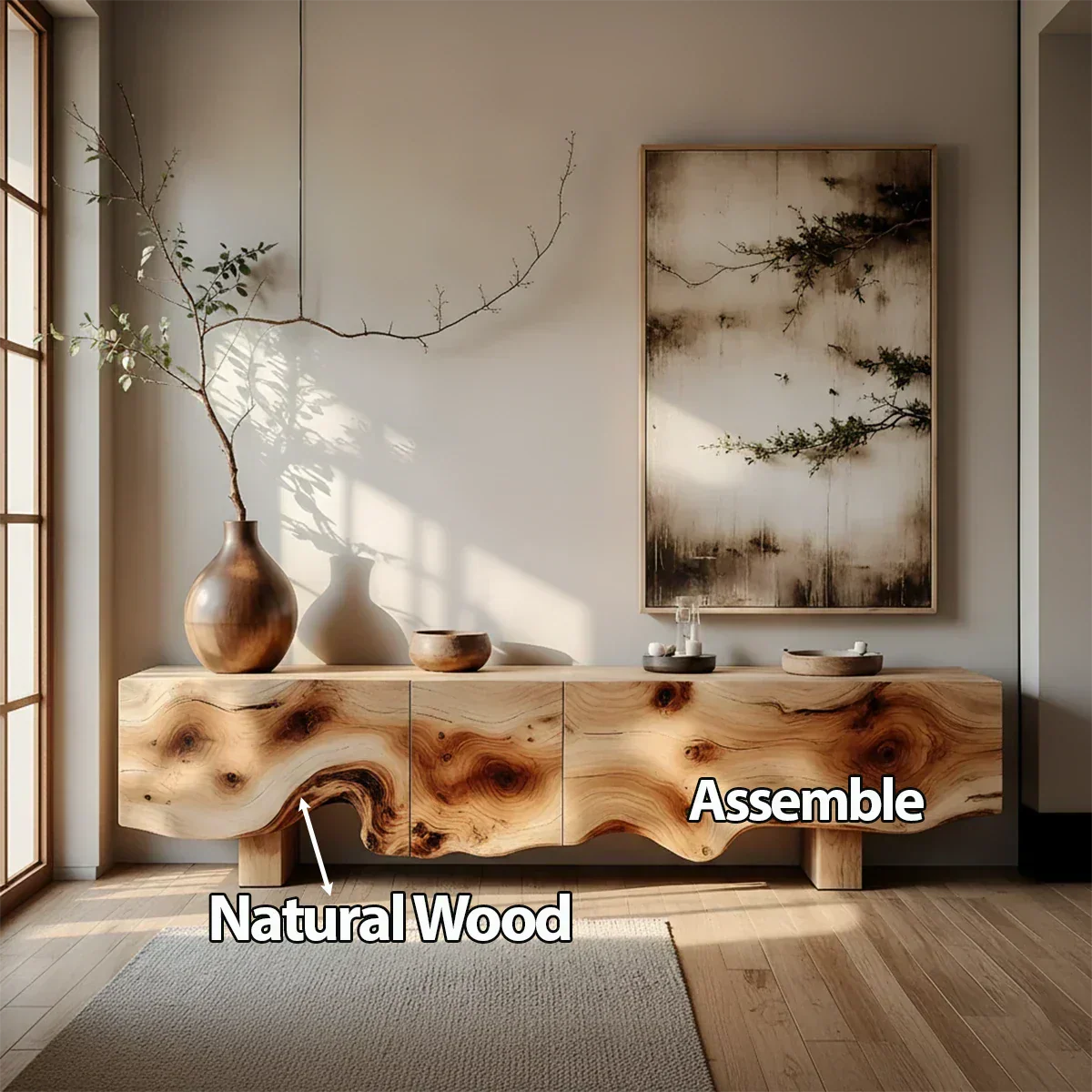 Natural Burl Flow Solid Wood TV Console – Wabi Sabi Organic Design - Rustirawood