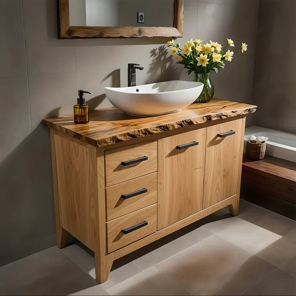 Natural Solid Wood Bathroom Vanity – Rustic Natural Edge Style - Rustirawood