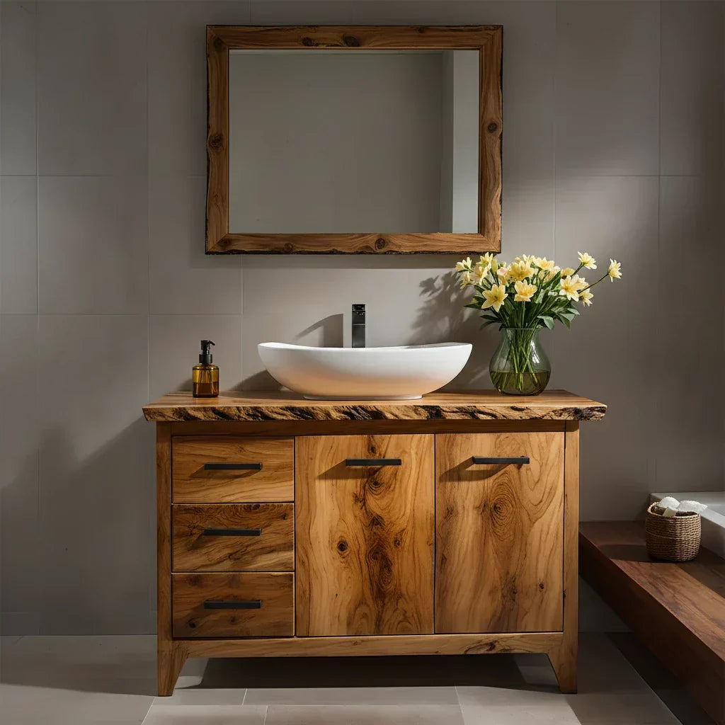 Natural Solid Wood Bathroom Vanity – Rustic Natural Edge Style - Rustirawood
