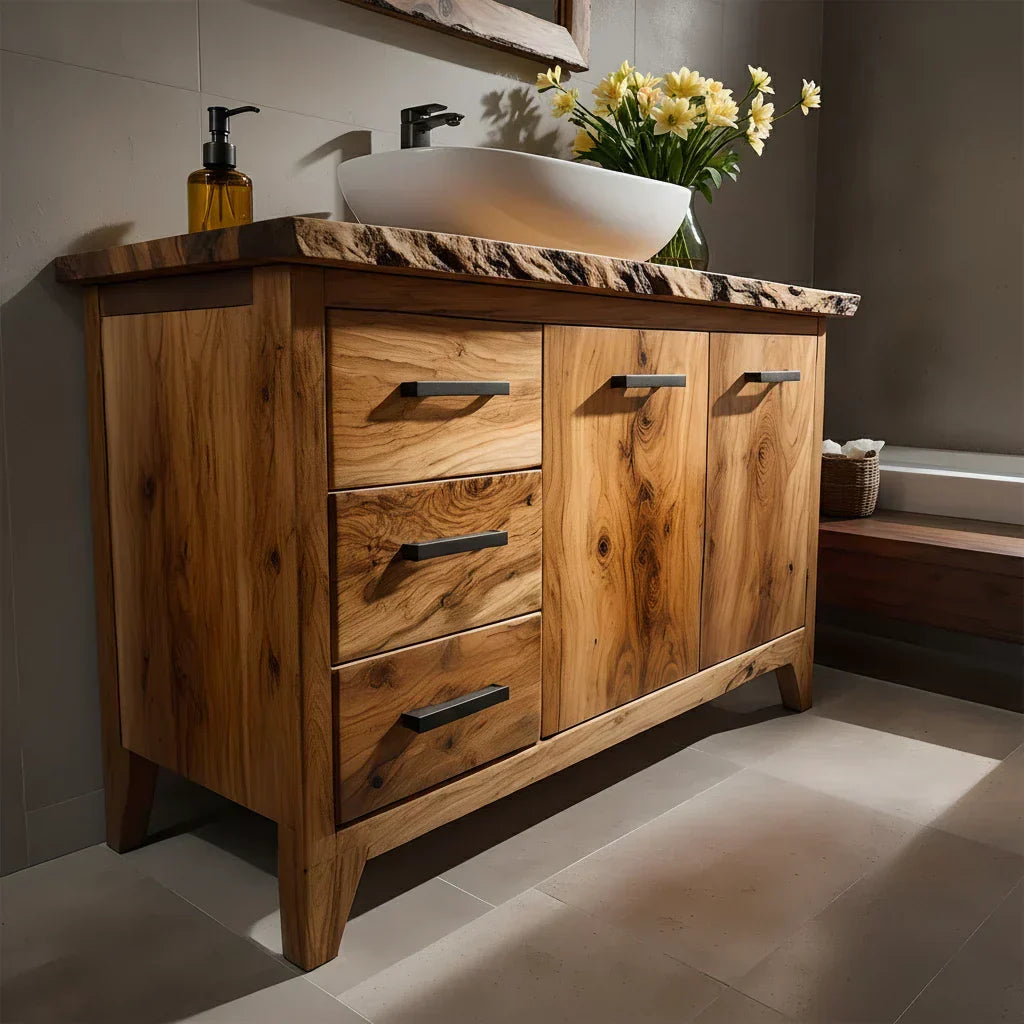 Natural Solid Wood Bathroom Vanity – Rustic Natural Edge Style - Rustirawood