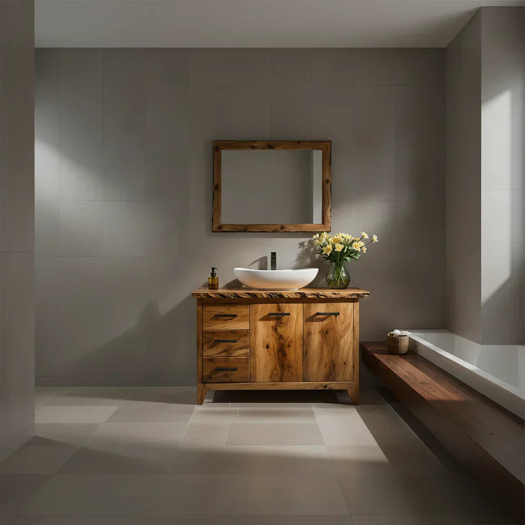 Natural Solid Wood Bathroom Vanity – Rustic Natural Edge Style - Rustirawood