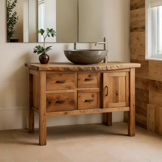 Natural Solid Wood Bathroom Vanity with Drawers & Cabinet — Handcrafted Wabi Sabi Design - Rustirawood