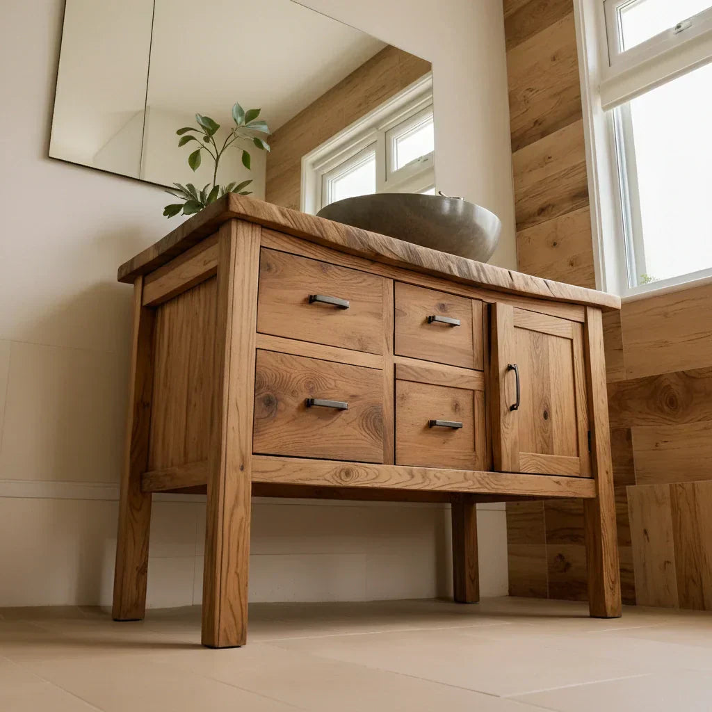 Natural Solid Wood Bathroom Vanity with Drawers & Cabinet — Handcrafted Wabi Sabi Design - Rustirawood