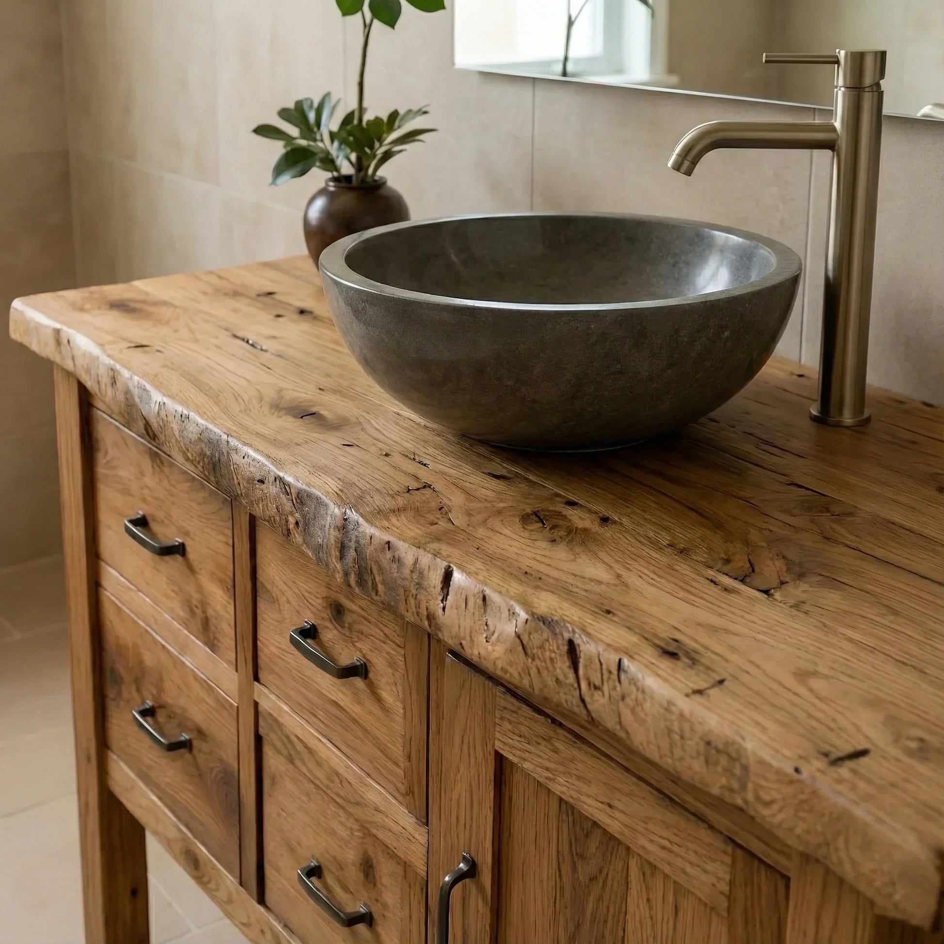 Natural Solid Wood Bathroom Vanity with Drawers & Cabinet — Handcrafted Wabi Sabi Design - Rustirawood