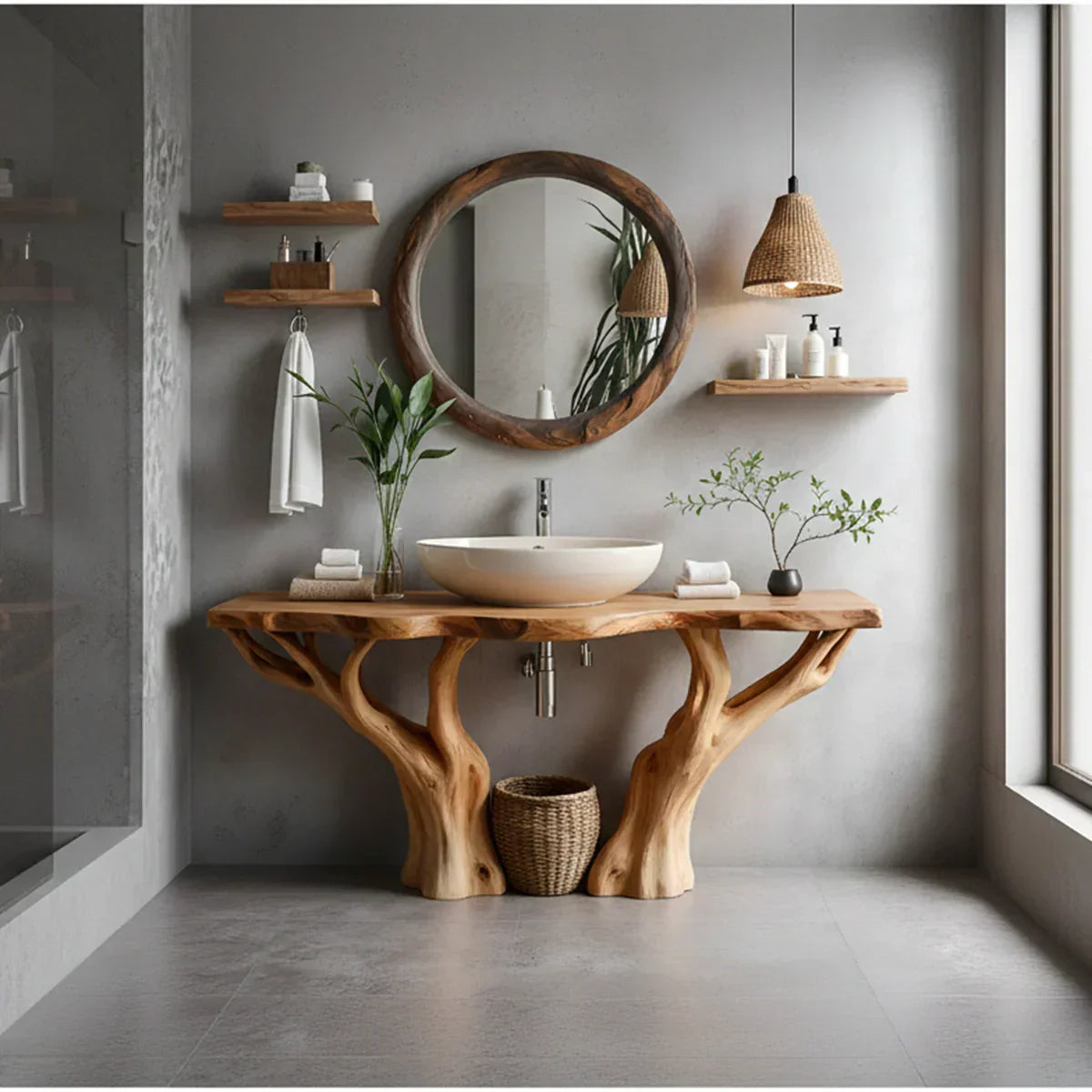 Natural Solid Wood Bathroom Vanity with Tree-Form Base - Rustirawood