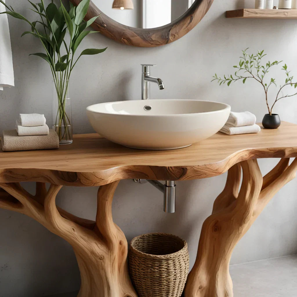 Natural Solid Wood Bathroom Vanity with Tree-Form Base - Rustirawood