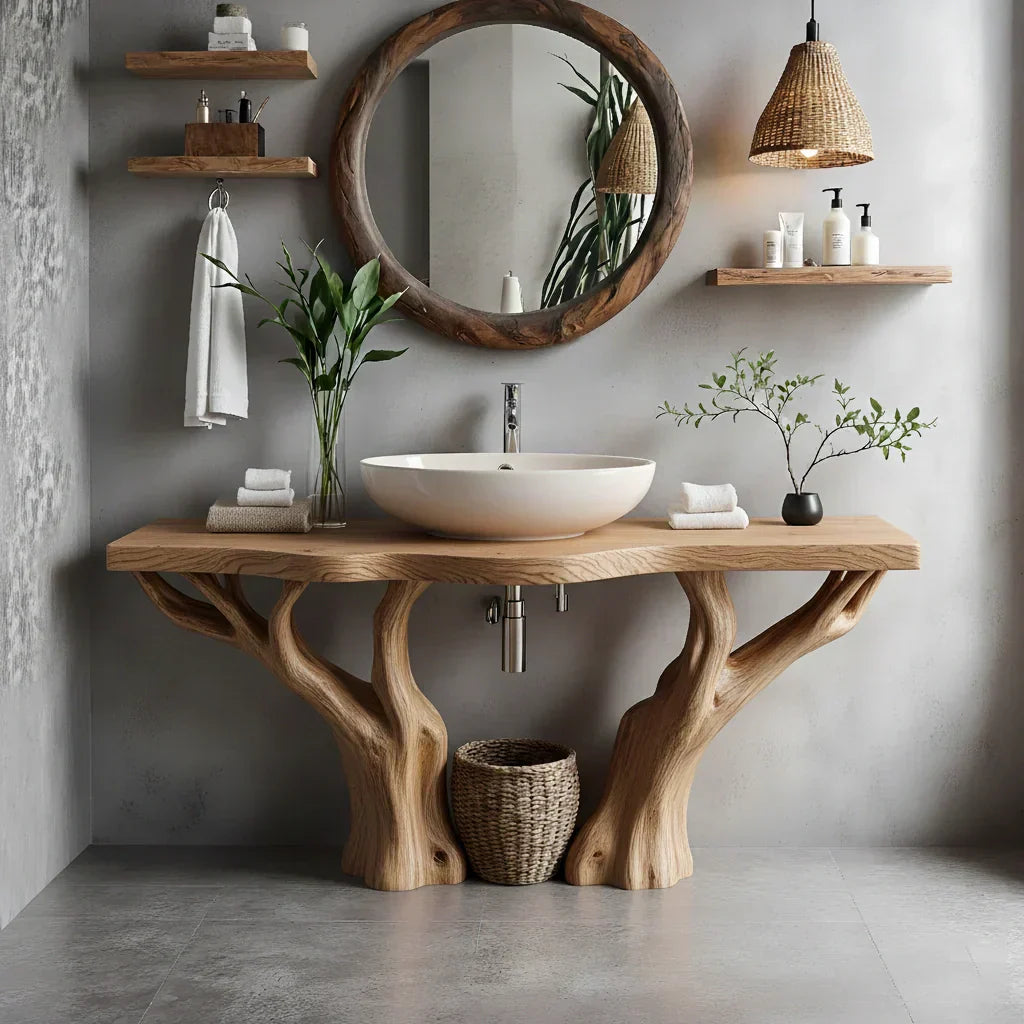 Natural Solid Wood Bathroom Vanity with Tree-Form Base - Rustirawood