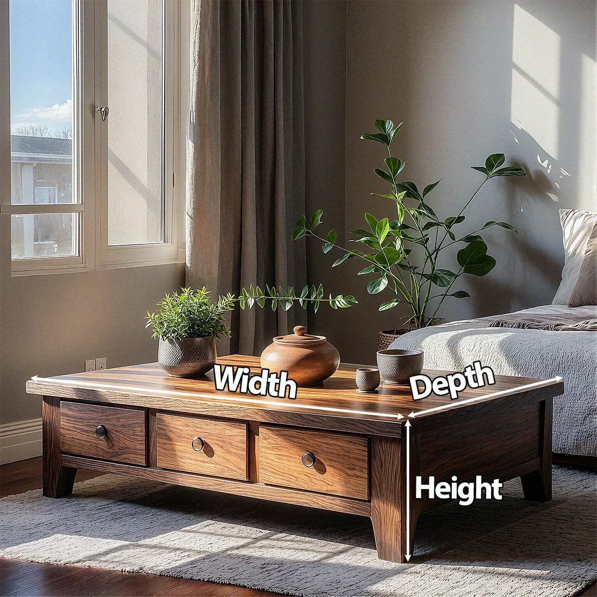 Natural Solid Wood Coffee Table with Drawers – Walnut Finish Japandi Low Storage Table - Rustirawood