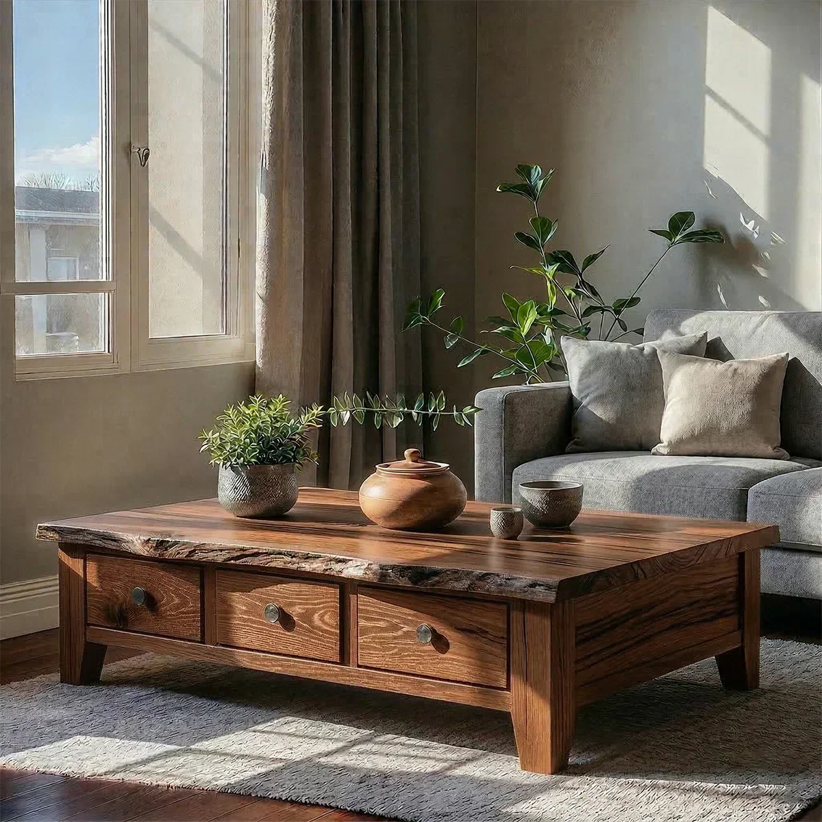 Natural Solid Wood Coffee Table with Drawers – Walnut Finish Japandi Low Storage Table - Rustirawood