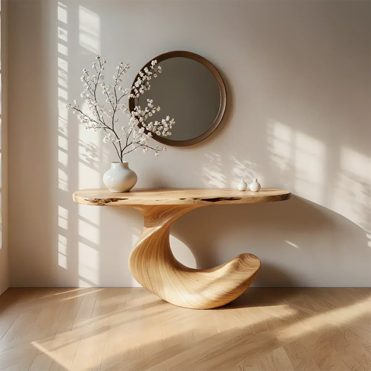 Natural Solid Wood Curved Sculptural Console in Modern Flow Design - Rustirawood