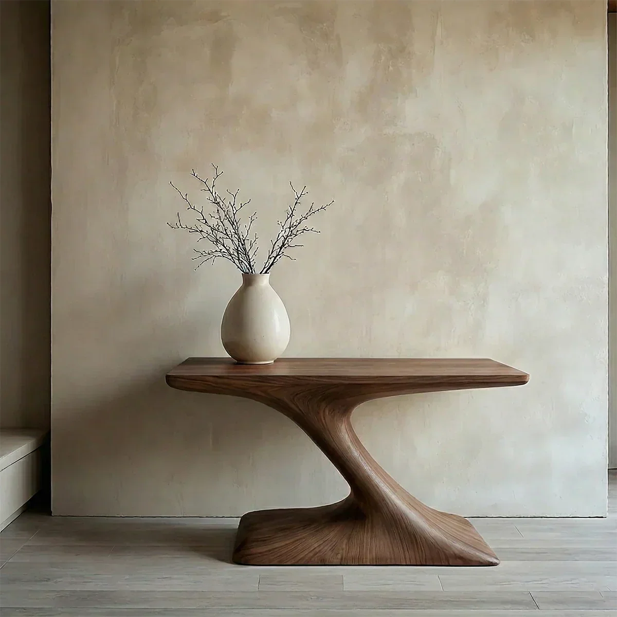 Natural Solid Wood Japandi Sculptural Console Table - Rustirawood